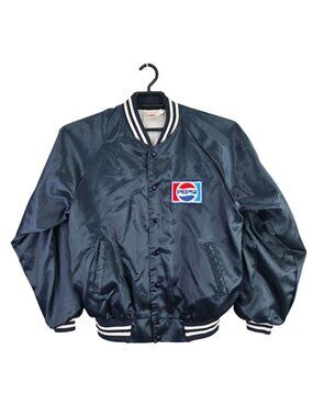 Mens Vintage Hartwell Pepsi Satin Bomber Jacket Navy Blue Made In USA Size L